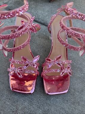 Glittery Butterfly Floral Strappy Heels in Pink - Women